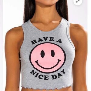 Chic Gray Crop Top with Pink Smiley